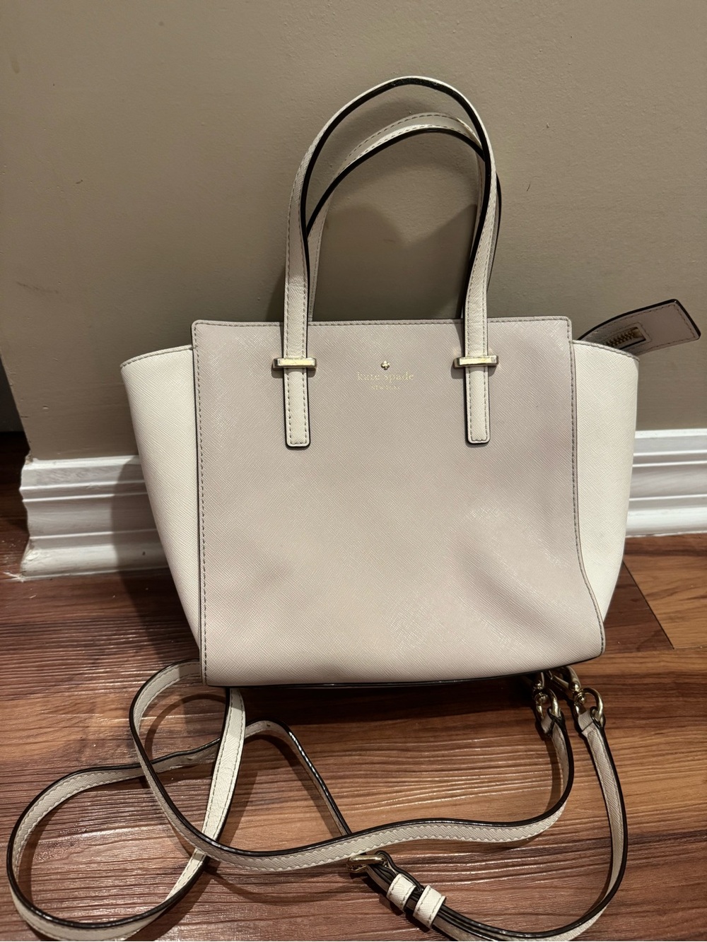 kate spade cream white leather tote with gold-tone accents